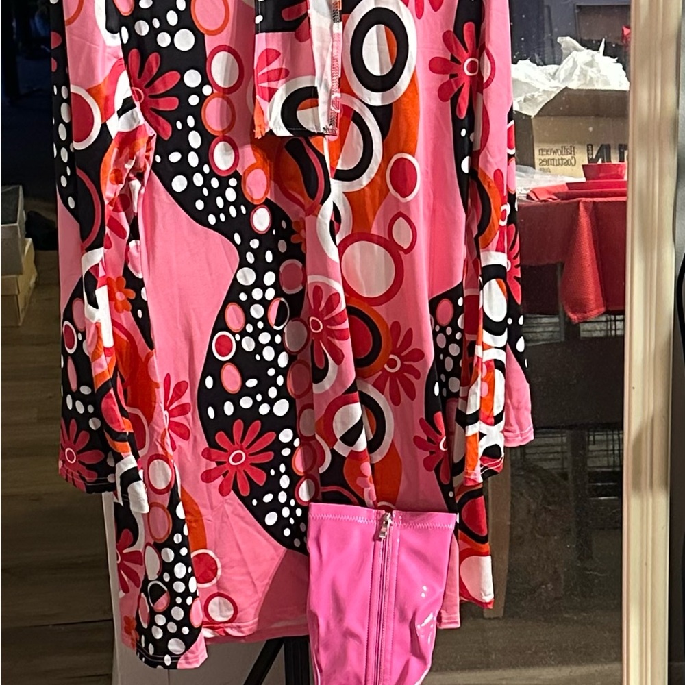 Vibrant Pink and Orange Patterned Dress with Matching Gogo boots sz 9
